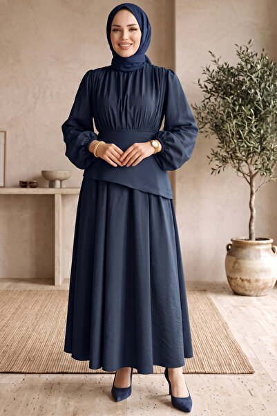 hadiora Drawstring Asymmetrical Layered Detailed Hijab Dress - Balloon Sleeve...