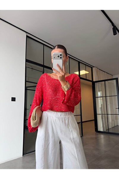 BB Bensu Buyruk Sequined Crop Mercerized Knitwear Pomegranate Flower
