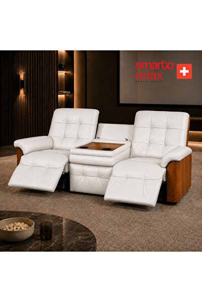 Smarto relax Berlin 3’lü TV Koltuğu Orta Konsollu Bardaklıklı Deri Yatan Ayak...