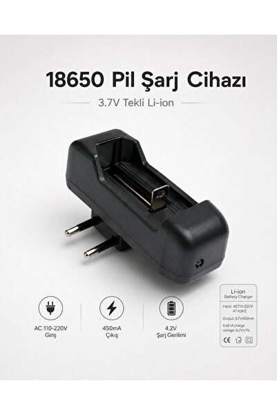 Derwell 18650 Pil Şarj Cihazı Aleti 3.7V Tekli Li-ion Lityum El Feneri Pili Ş...