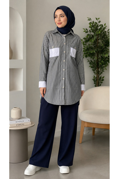 ZV Kadın Gri Çizgili Çift Cepli Oversize Gömlek Tunik