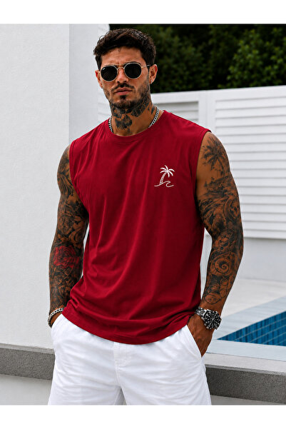 caddekombin Men's Minimal Palm Print Zero Sleeve Round Neck Beige Color T-Shi...
