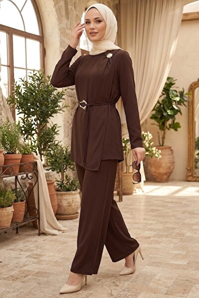 TOFİSA Brooch and Buckle Belt Double Set Brown - 28520-Brown