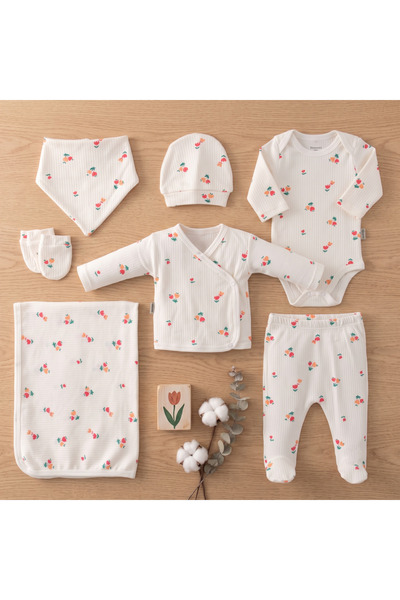Bolly Baby 7 Parça %100 Pamuk Fitilli Penye Kumaş Çiçek Baskılı Yenidoğan Has...