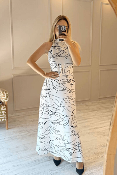 BeeYouStudio Satin Fabric Halter Neck Patterned Midi Length White Dress