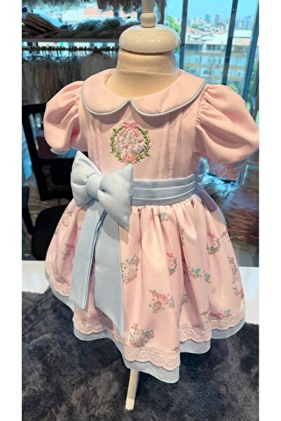 Pamina Girl's Special Occasion Dress - Floral Patterned with Big Bow - Powder