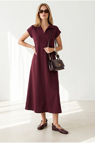 Olalook Women's Plum Polo Collar Pocketed Modal Buttoned Flowy Dress Elb-1900...