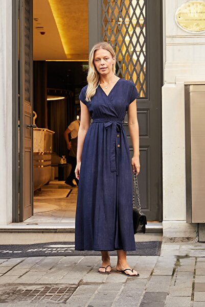 Jument Women's Wrap Double-Breasted Off-Shoulder Skirt Kilos Dress-Navy Blue
