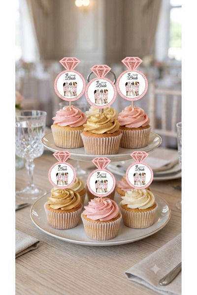 GÖKÇEM ART CLUB 12 li Bride Team yazılı Cupcake Kürdan Süsü.