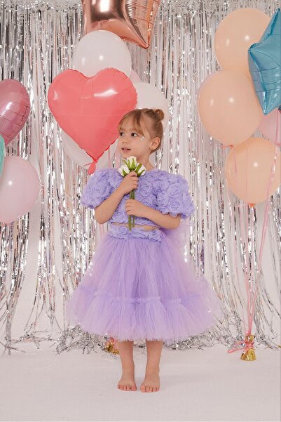 Lila Gül Detaylı Astarlı 2 Parça Parti&Düğün Elbisesi