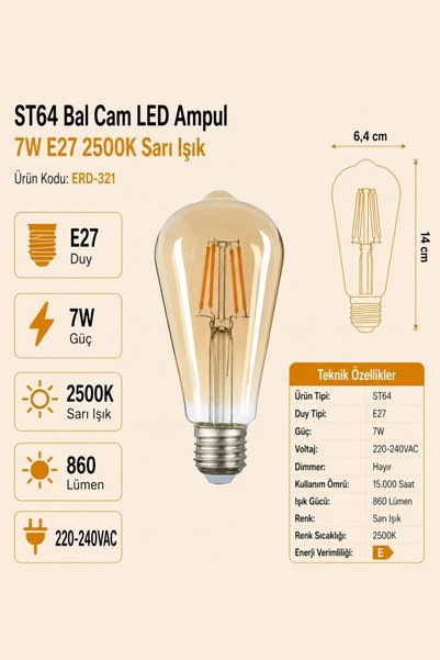Heka ST64 Bal Cam LED Ampul 7W E27 2500K Sarı Işık ERD-321