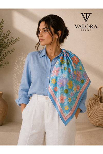 Trend Havuz ve Çiçek Desenli Saten Fular 72x72 cm Kare Fular Kadın Boyun Fuları Saç Fuları Yazlık Şık Aksesuar
