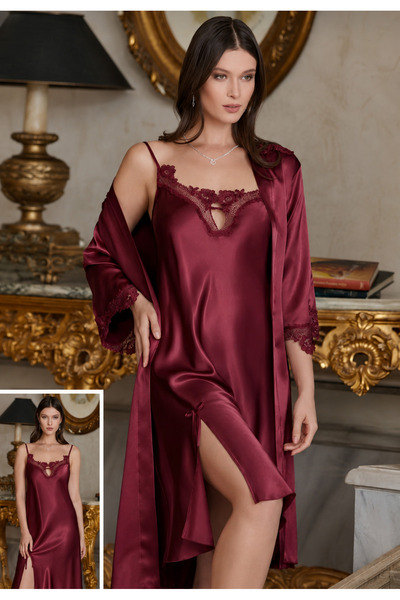 hediye Women's Burgundy Satin Lace Detailed Nightgown and Robe Set - Luxuriou...