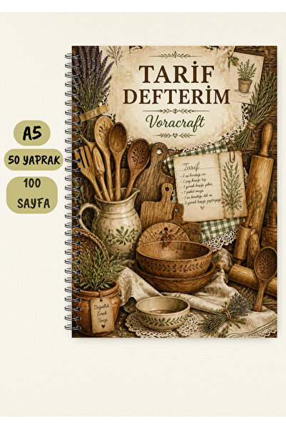 VORACRAFT Yemek Tarif Defteri, 50 Yaprak /100 Sayfa, A5 / Tel Spiral TRF0046