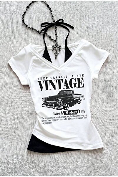 Minga London Λευκό Vintage Modern Life με επιπλέον λουράκια Y2K κοντομάνικο crop
