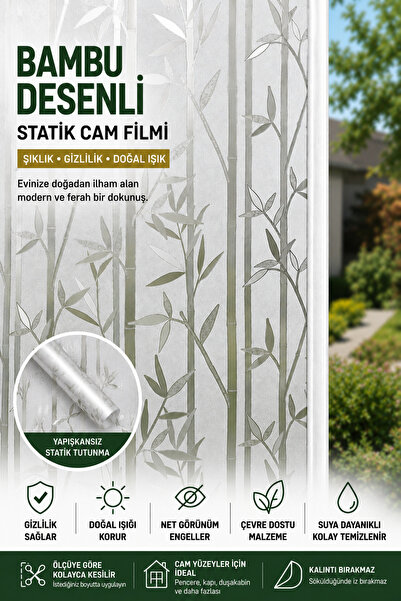 Deconitte Bambu Desenli Statik Cam Filmi Mahremiyet Sağlayan Cam Pencere Duşa...