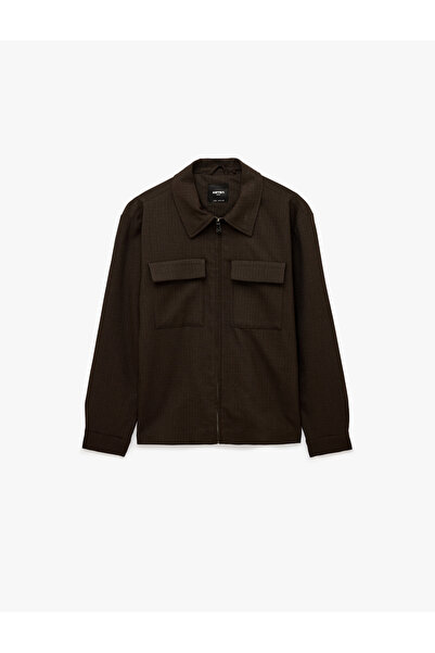 Koton Long Sleeve Viscose Blend Covered Pocket Shirt Collar Zipper Jacket