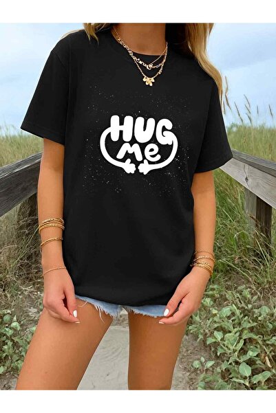 LİNA06 1 قطعة تي شيرت نسائي بتصميم "Hug Me"، أسود ناعم بأكمام قصيرة وياقة دائ...