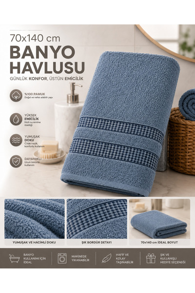 nnevora Mavi 70x140 cm Banyo Havlusu %100 Pamuk Yumuşak Dokulu Yüksek Emici B...