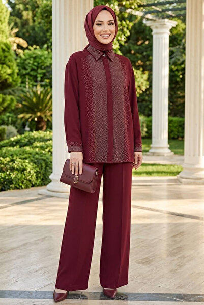 Neva Style Set dublu Hijab din crep brodat cu piatră, culoare burgundă, impor...