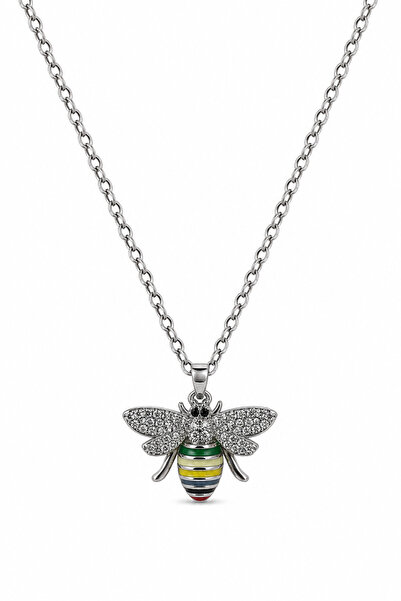 Jack Ferrero Stylish Necklace with Steel Bee Figure, Colorful Enamel and Ston...