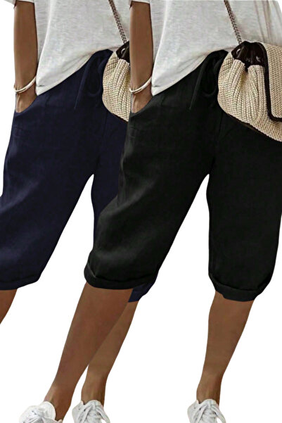 BLUE STREET Women's Set of 2 Black Navy Blue Elastic Waist Comfortable Cut Ca...