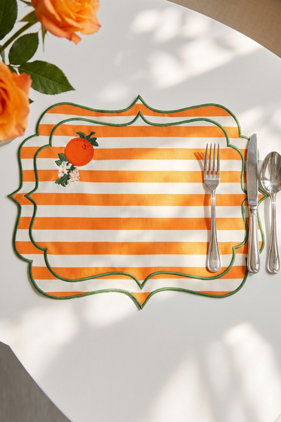 Duu Home Portakal Nakışlı Çizgili Amerikan Servisi Supla | Premium Duck Kumaş...