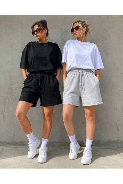 BEAXES 2'li Şort Kadın (Siyah-Gri) Oversize Terletmeyen Beli Bağcıklı Cepli Şort