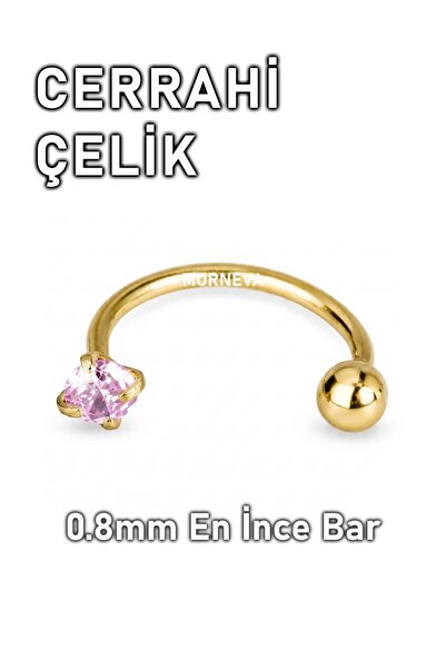 MORNEVA Cerrahi Çelik Altın Renkli Pembe Taşlı Yarım Halka Hızma Burun Pierci...