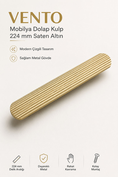Badem10 Vento Çizgili Saten Altın Metal (224 mm - 22.4 cm) Çekmece Kulbu Mobi...