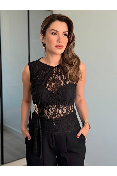 ROUPAS COLLECTİON Transparan Dantel Aksesuar Bluz