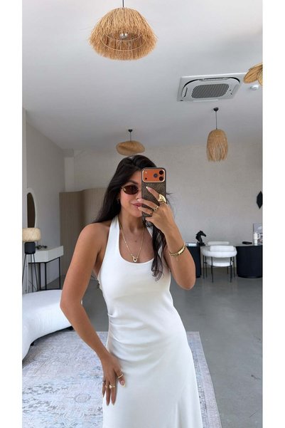 Buket Teke White Asymmetrical Cotton Halter Dress