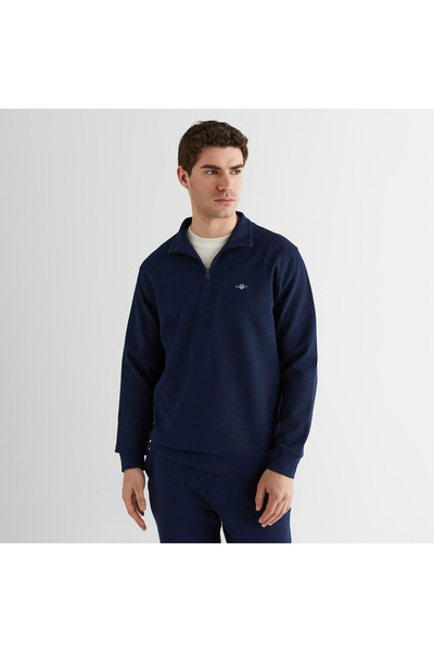 Gant Erkek Lacivert Relaxed Fit Yarım Fermuarlı Logolu Sweatshirt