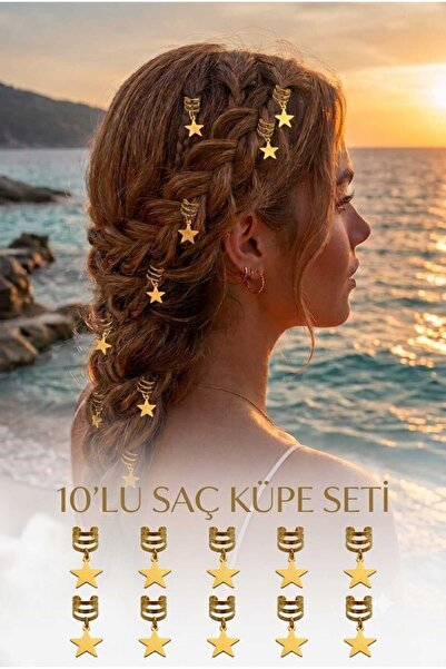 Kadın Gold Deniz Yıldız Model Sallantılı Saç Küpesi Charm Saç Tokası Saç Yüzük Örgü Aksesuar 10'lu Set