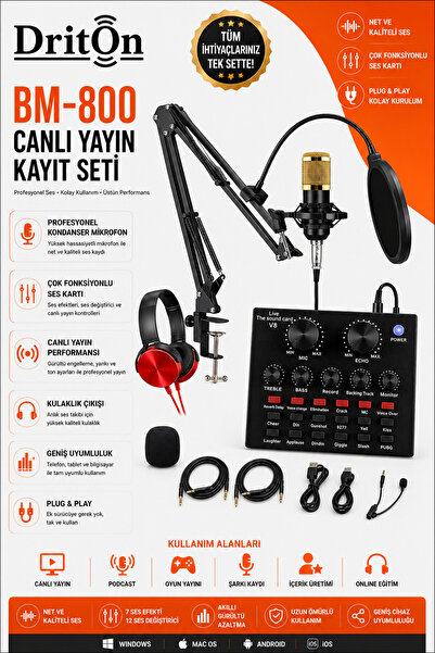 DRİTON BM-800 + V8 SES KARTI SARI PODCAST TİKTOK YOUTUBE YAYINCI CONDENSER Mİ...