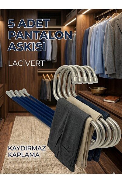 GenelTedarik 5'li Kaymaz Kaplamalı Pantolon Askısı | Paslanmaz Metal Dolap Dü...