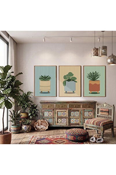 KOLAJTASARIM Minimalist Plant Art Set 3-Piece Wooden Framed Painting Set Pict...