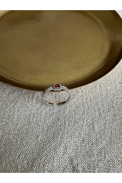 ringbox Silver Color Square Orange Stone Pinky Ring