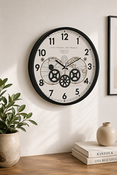 Muyika Design Ceas de perete cu roată cu harta lumii 47 cm Carcasă metalică M...