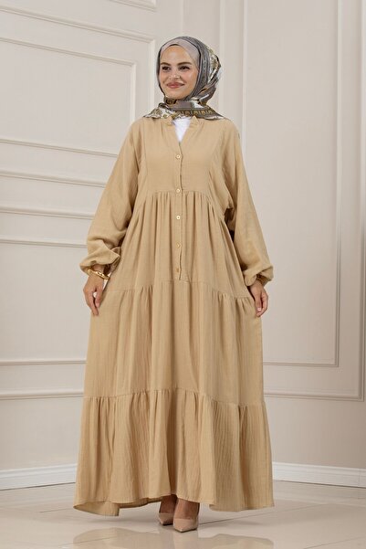 Sevitli Muslin Fabric Robalı İvana Dress-Beige