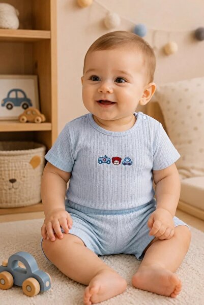 Tuğra Bebe Baby Boy Car Embroidered Openwork Thin Fabric Summer 2-Piece T-Shi...