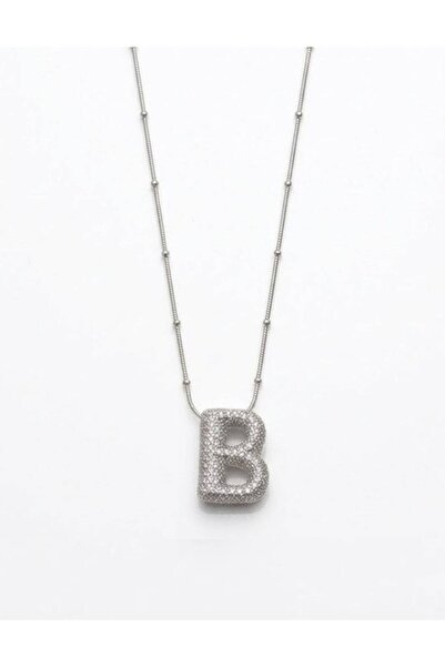 Haziran Accessory, Zircon Stone Bulk Chain Chubby Letter Silver Steel Necklac...