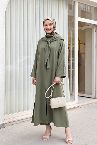 Modamorfo Modal Suit with Scarf Detail, Deep Slit Trousers and Pockets - Khaki