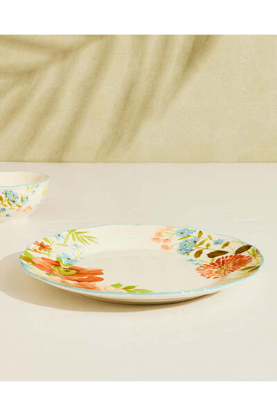 REDTAG Ivory And Multicolour Floral Dinner Plate
