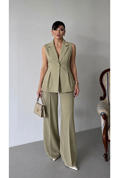 HOEK Γυναικείο κοστούμι Majeste Light Khaki Blazer με φαρδύ παντελόνι