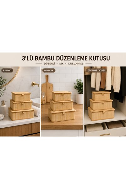 Arsimo 3-Piece Bamboo Storage Box Organizer Set with Lid Kitchen Bathroom Cabinet Organizer
