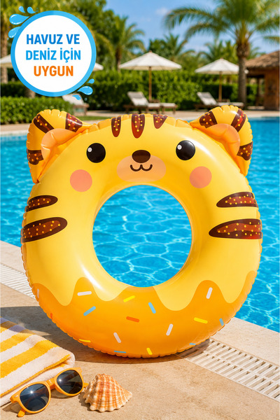 MEDUSHOP Bal Sarısı Sevimli Kedi Figürlü Çocuk Deniz Simidi 79x76 cm Şişme Ha...
