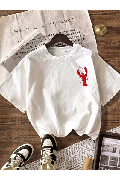 BOLDEN WEAR Υπερμεγέθη μπλουζάκι La Dolce Vita με στάμπα αστακού σε λευκό χρώ...
