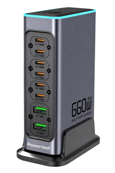 POWERTECH σταθμός φόρτισης PT-1621, 2x USB & 6x USB-C, GaN, 140W, γκρι