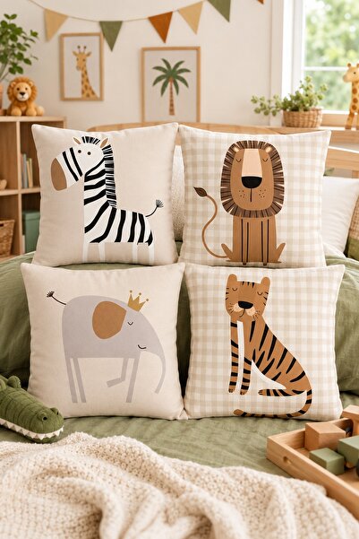 EVPANYA Checkered Safari Friends Patterned 4-Piece Children's and Baby Pillow...